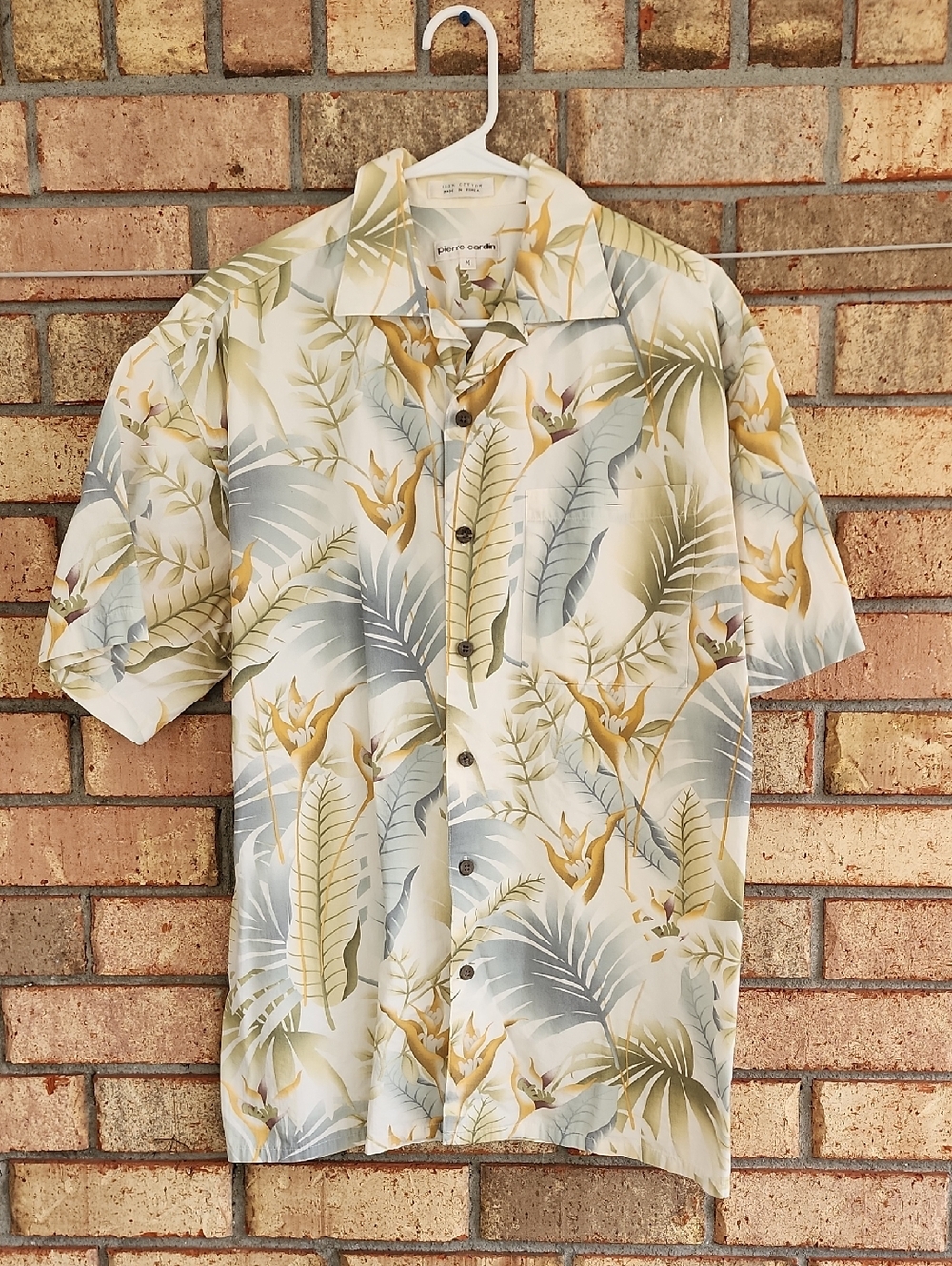 Pierre Cardin Size Medium Men's Tropical Print Short-Sleeve Shirt - Sage/Yellow